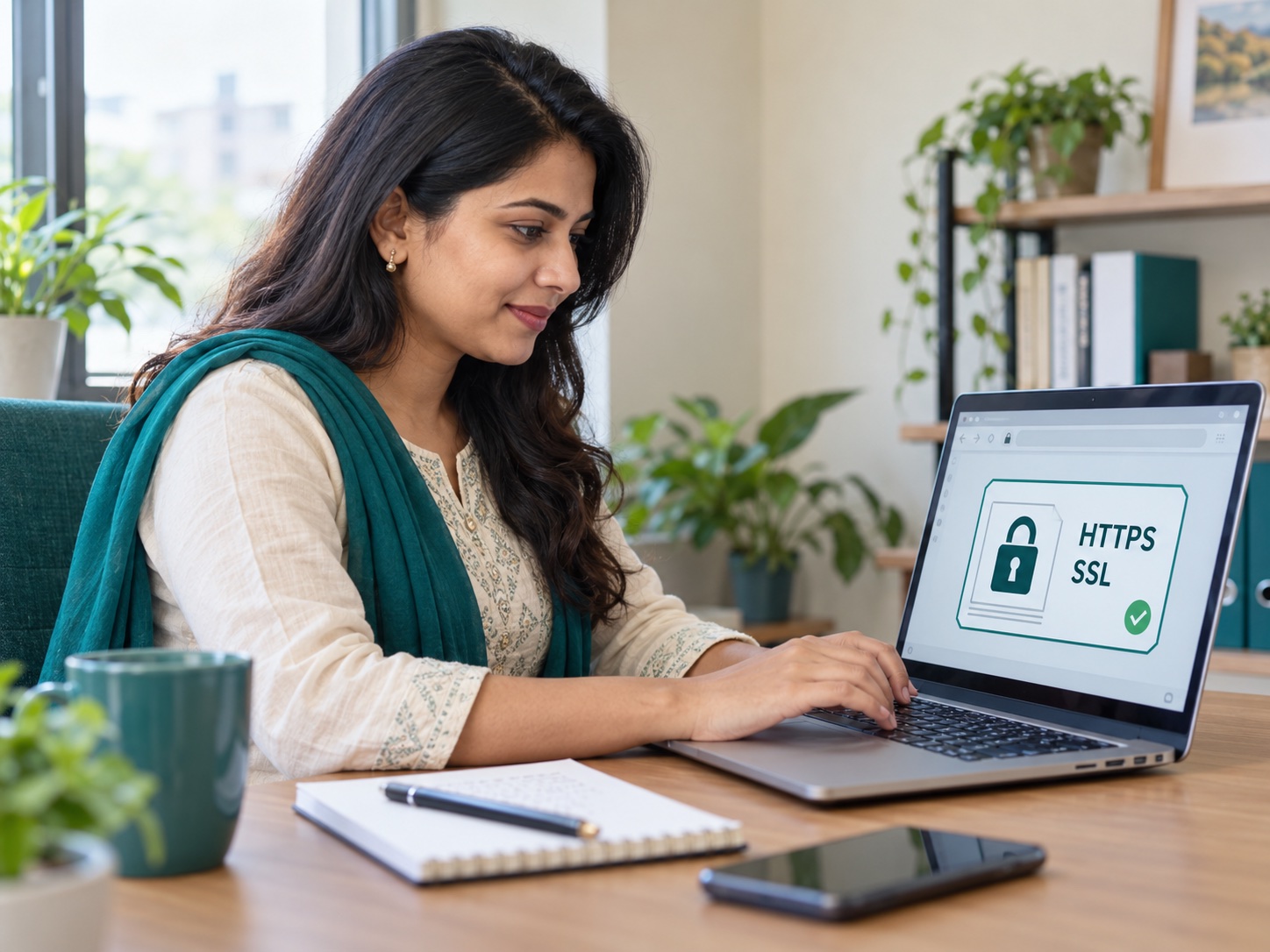 A fictional professional using a laptop displaying an HTTPS and SSL certificate illustration