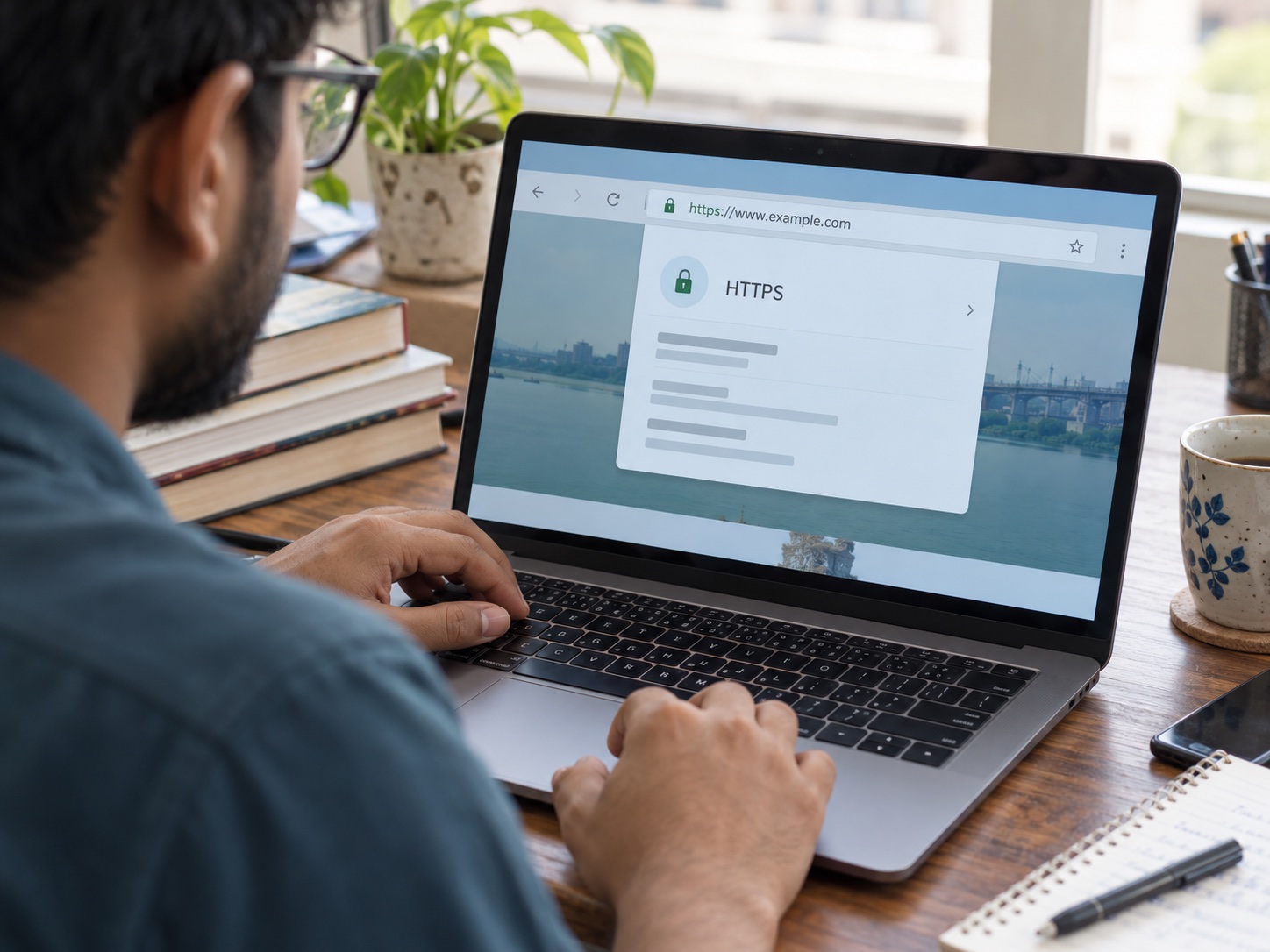 A fictional website operator checking an HTTPS connection and certificate panel on a laptop